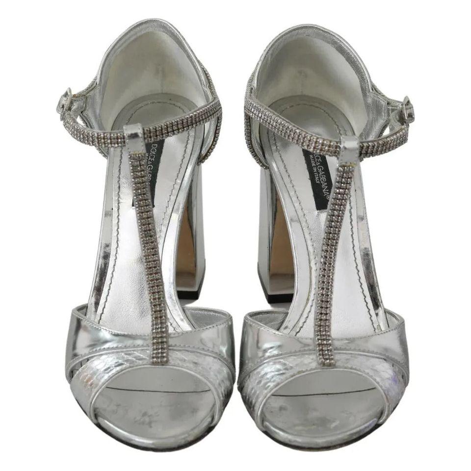 Dolce & Gabbana Silver Crystals T-strap Sandals Leather Shoes LA8001-36