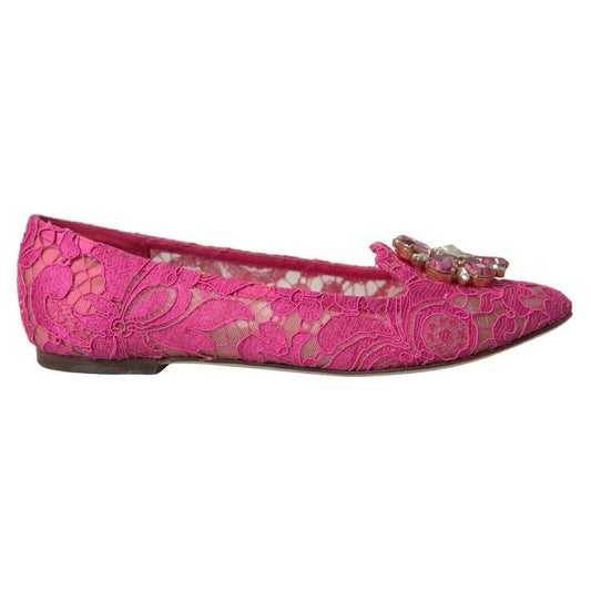 Dolce & Gabbana Pink Lace Crystal Ballet Loafers Shoes Dolce & Gabbana