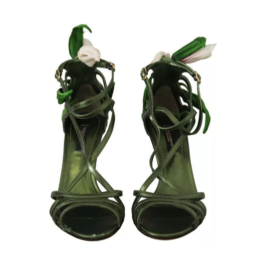 Dolce & Gabbana Acid Green Leather Strappy Flower Heels Sandals Shoes Dolce & Gabbana