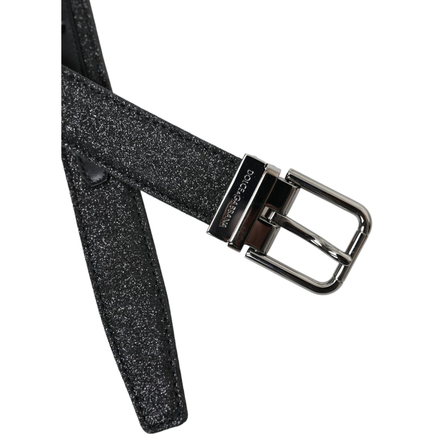 Dolce & Gabbana Black Glittered Leather Silver Buckle Belt