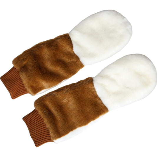 Dolce & Gabbana Brown White Acrylic Knitted Fur Mitten Gloves Dolce & Gabbana