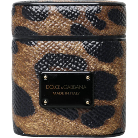 Dolce & Gabbana Brown Leopard Calf Leather Metal Logo Plaque Airpods Case Dolce & Gabbana