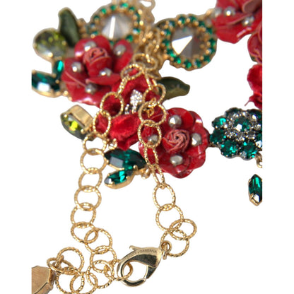 Dolce & Gabbana Gold Brass Link Chain RosePetal Crystal Pendant Necklace