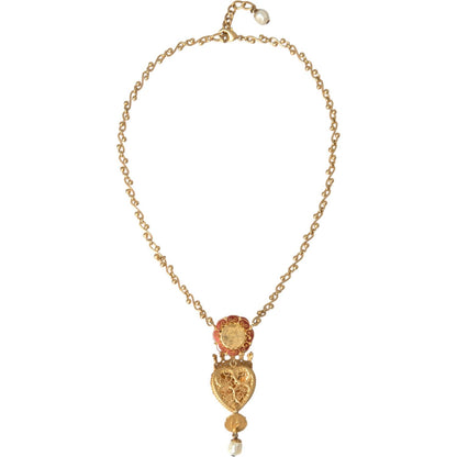 Dolce & Gabbana Gold BrassChain Sacred Heart Rose Crystal Charm Necklace Necklace