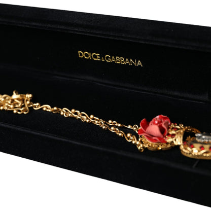 Dolce & Gabbana Gold BrassChain Sacred Heart Rose Crystal Charm Necklace Necklace