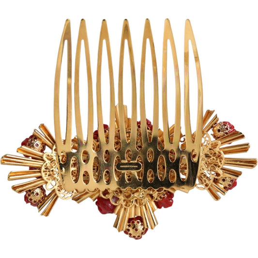 Dolce & Gabbana Gold Brass Crystal Heart Floral Hair Comb Dolce & Gabbana