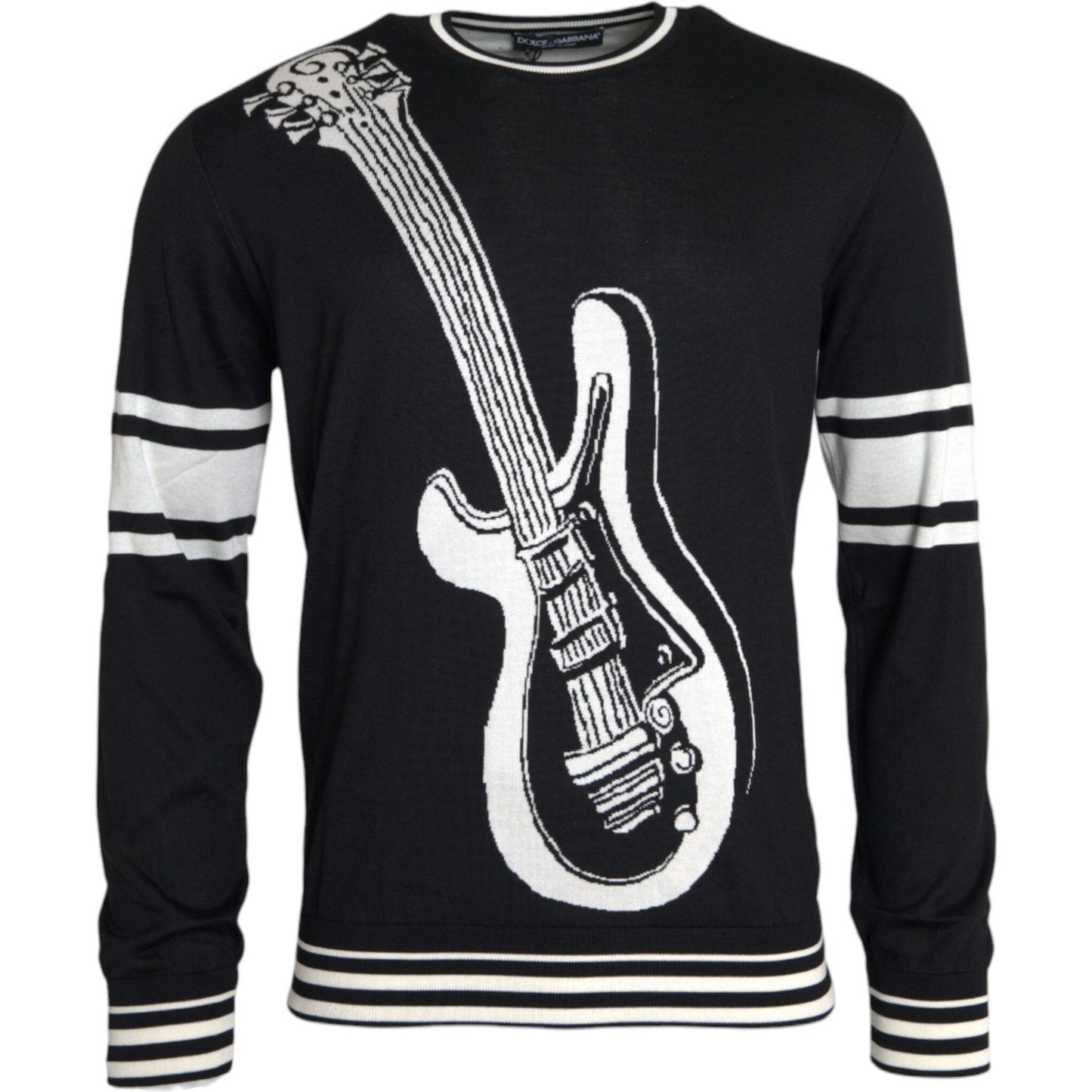 Dolce & Gabbana Black White Guitar Print Silk Pullover Sweater Dolce & Gabbana