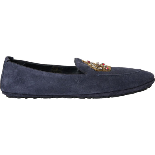 Dolce & Gabbana Blue Leather Suede Crystal Crown Loafers Shoes Dolce & Gabbana