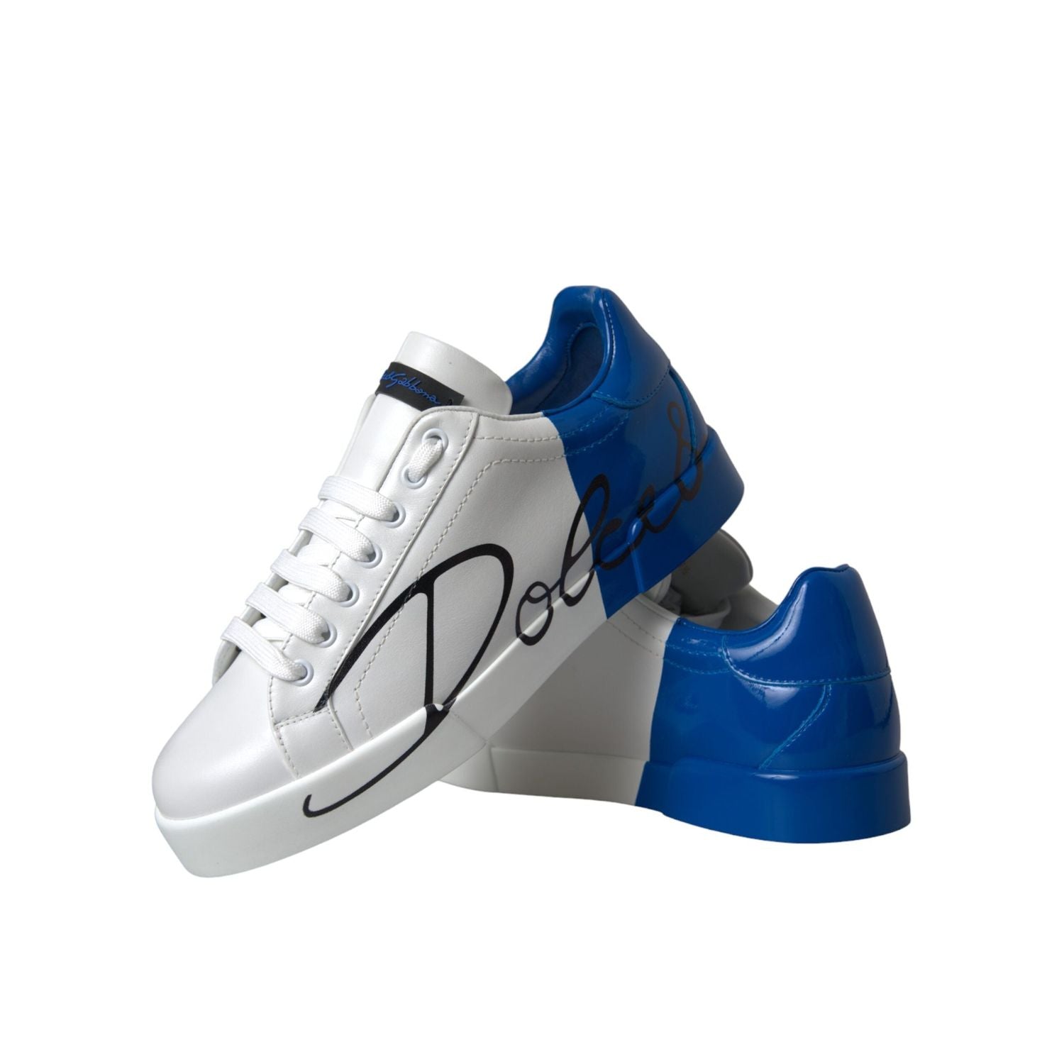 Dolce & Gabbana White Blue Leather Logo Low Top Sneakers Shoes