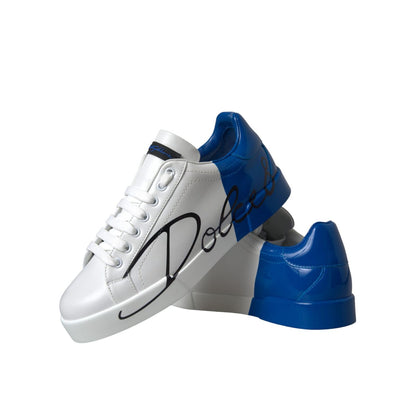 Dolce & Gabbana White Blue Leather Logo Low Top Sneakers Shoes