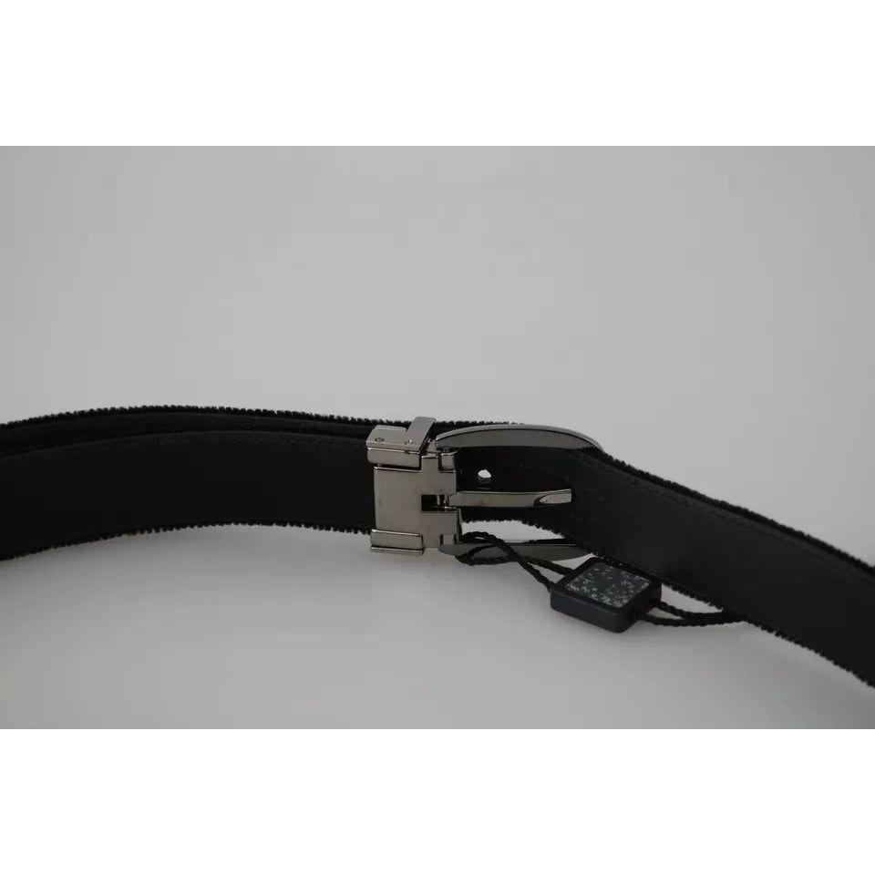 Dolce & Gabbana Black Velvet Silver Tone Metal Buckle Men Belt
