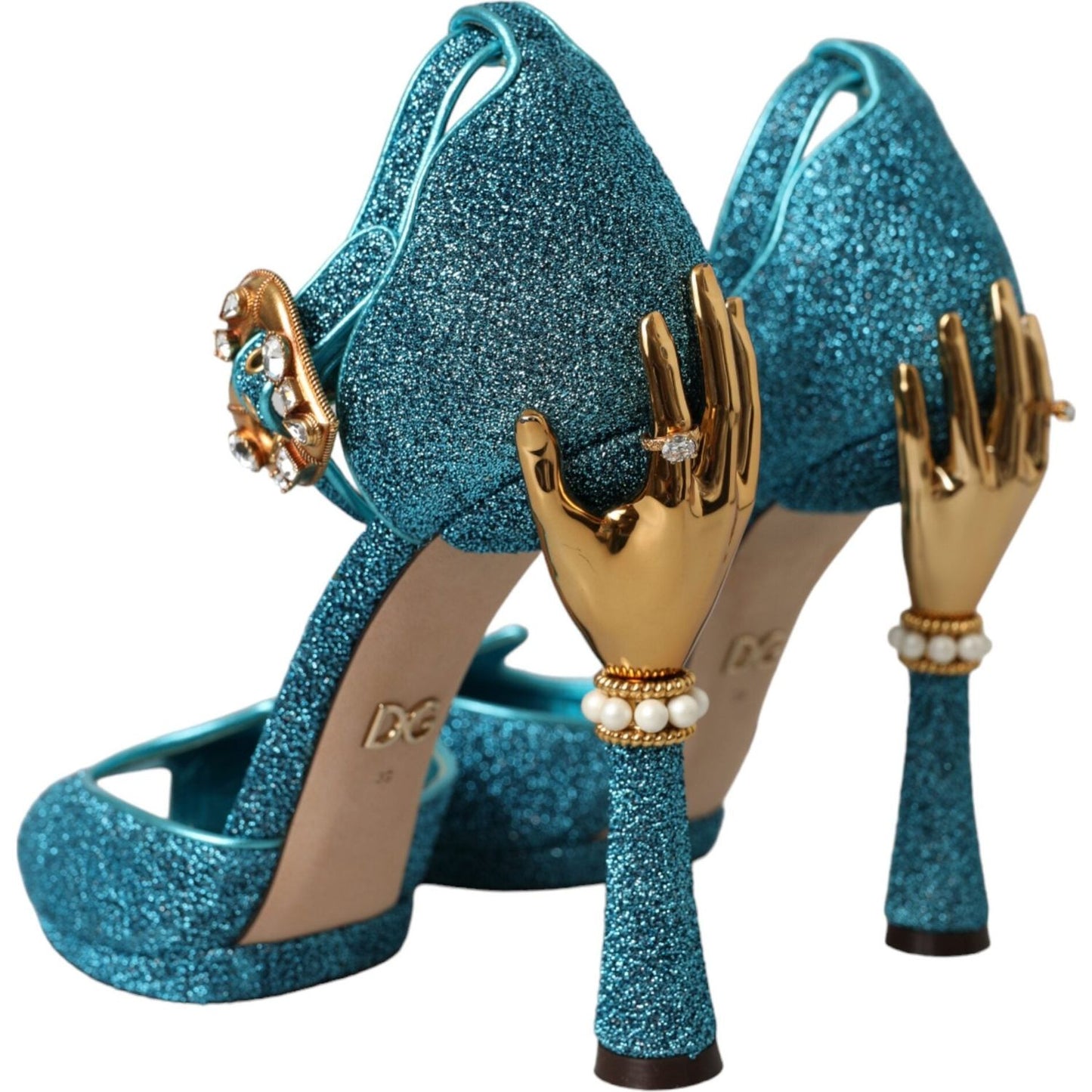 Dolce & Gabbana Blue Lurex Bejeweled Hand Heels Sandals Shoes Dolce & Gabbana