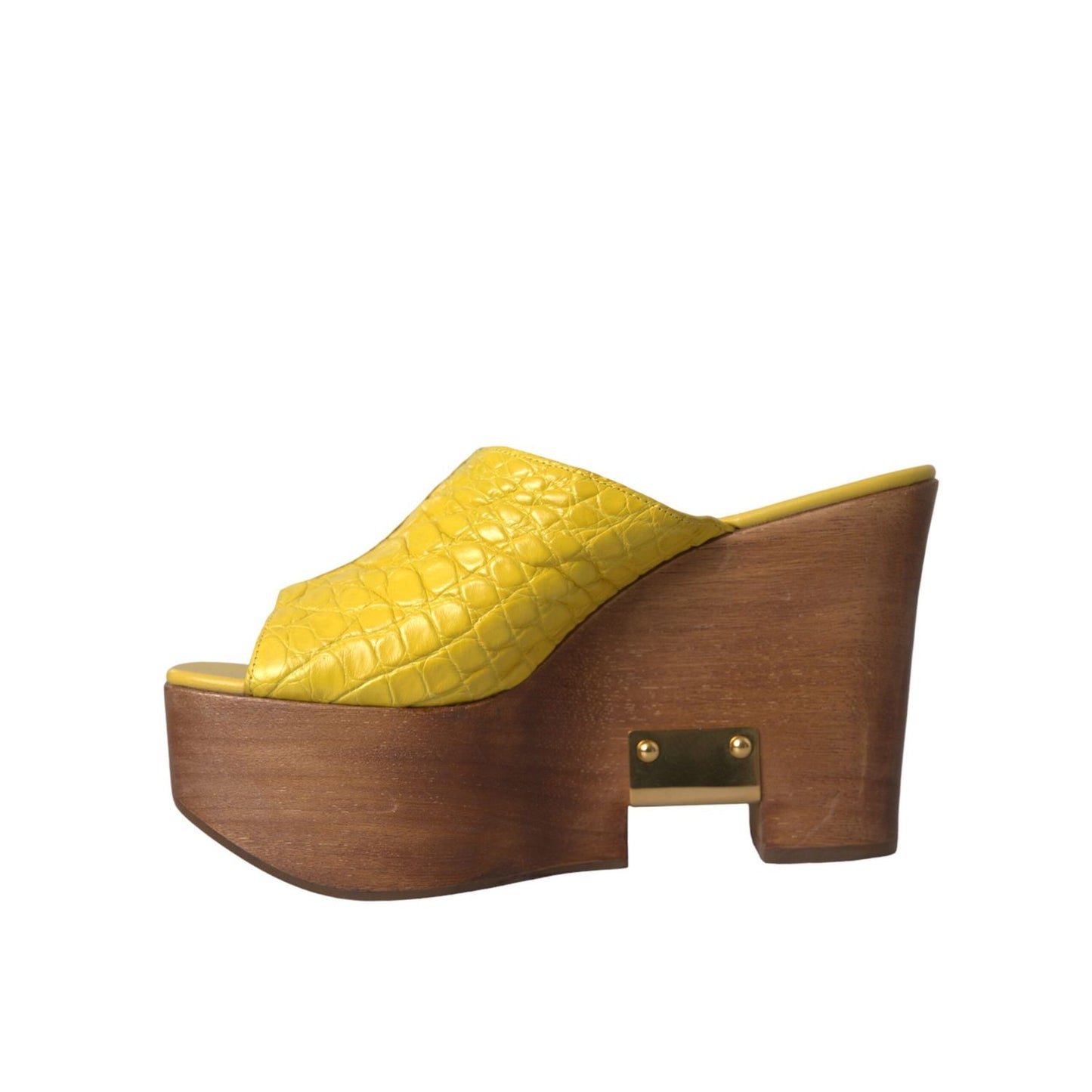 Dolce & Gabbana Yellow Leather Wood Mule Wedge Slides Shoes