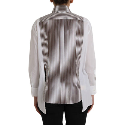 Dolce & Gabbana White Stripes Cotton Long Sleeves Ruffle Collar Top