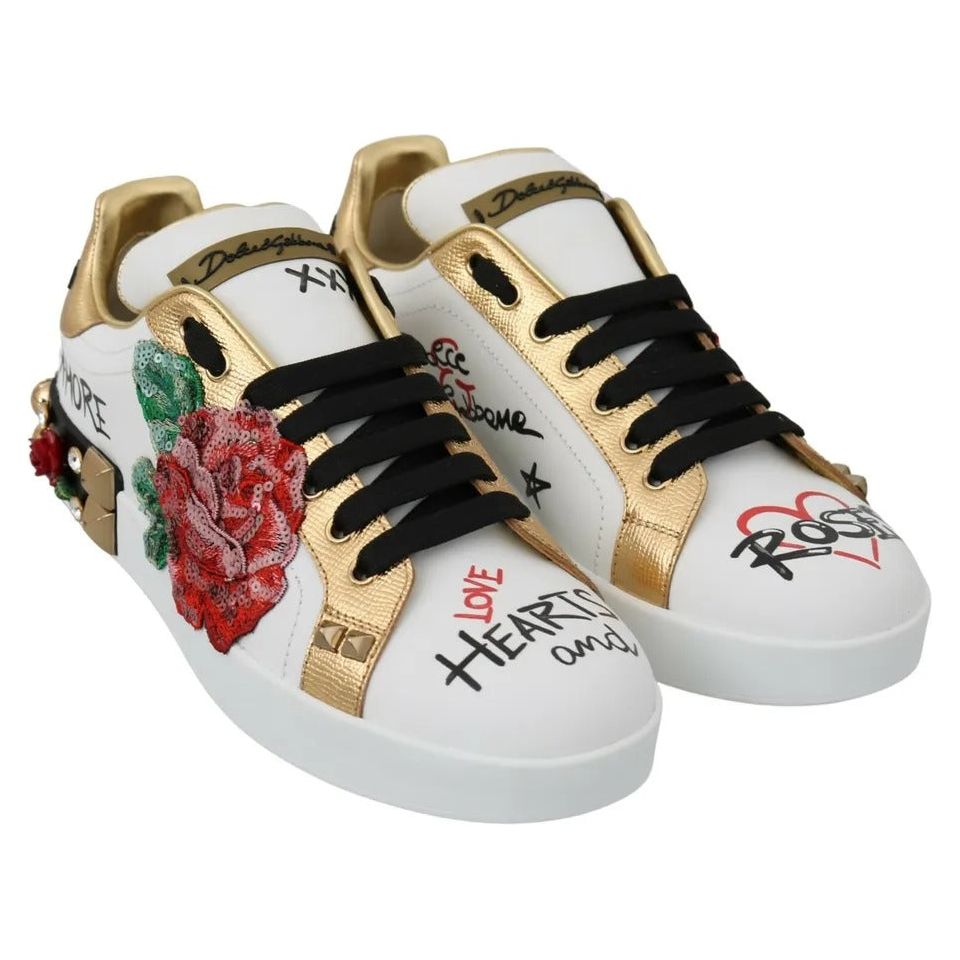 Dolce & Gabbana White Roses Sequined Crystal Womens Sneakers Shoes Dolce & Gabbana