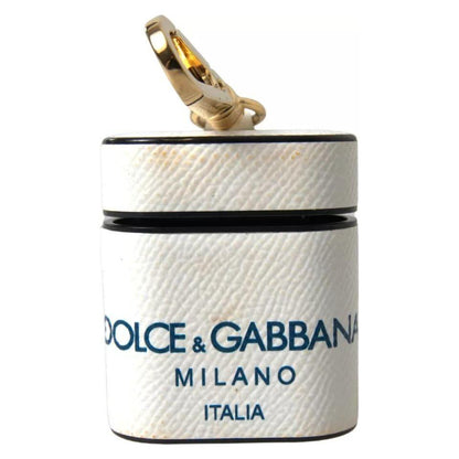 Dolce & Gabbana White Blue Calf Leather Logo Print Strap Airpods Case