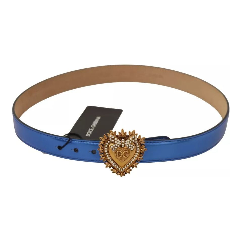 Dolce & Gabbana Blue Leather DEVOTION Heart DG Logo Metal Buckle Belt Dolce & Gabbana