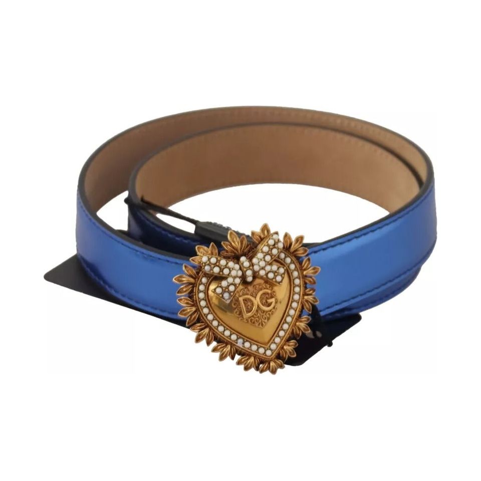 Dolce & Gabbana Blue Leather DEVOTION Heart DG Logo Metal Buckle Belt Dolce & Gabbana