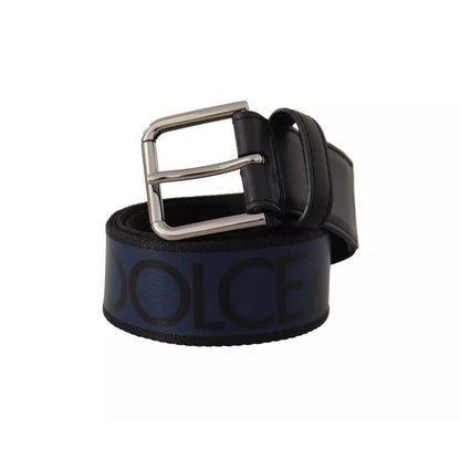 Dolce & Gabbana Blue Black Logo Print Silver Buckle Belt