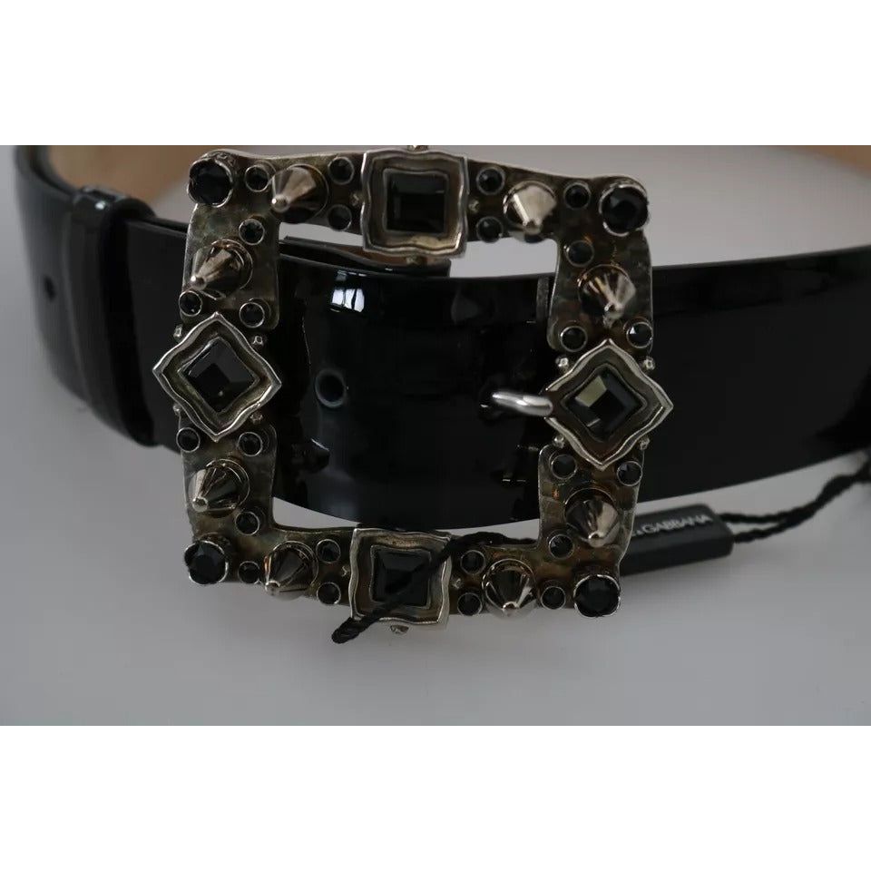 Dolce & Gabbana Black Shiny Leather Crystal Logo Buckle Belt Dolce & Gabbana