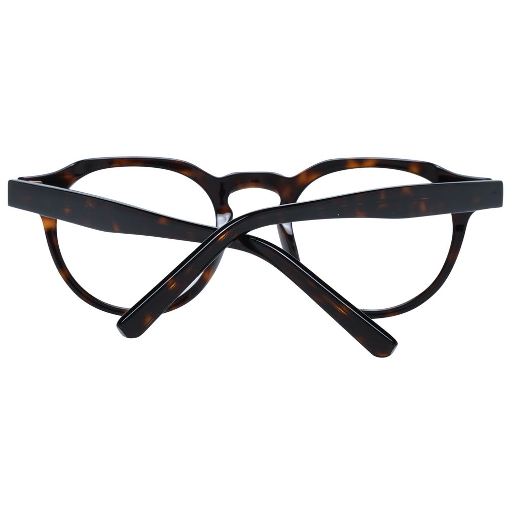 Bally Brown Men Glasses Frame, round full-rim acetate design with demo lenses and no hinge; includes branded case.