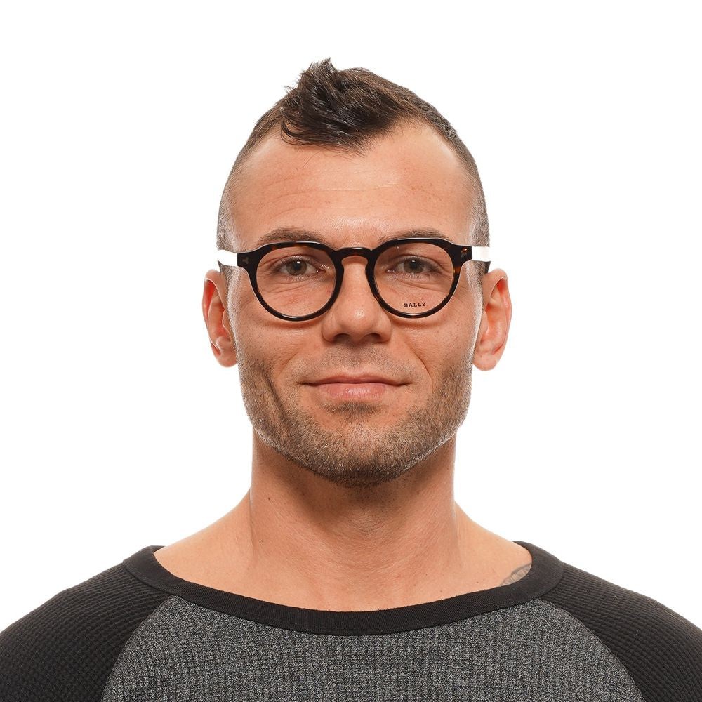 Man wearing Bally Brown Men Glasses Frame with round full-rim acetate design.