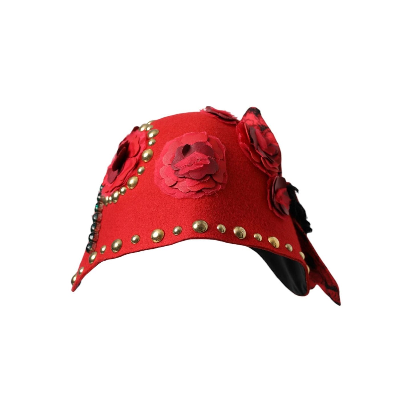 Dolce & Gabbana Red Crystal Gold Roses Brooch Embellished Hat