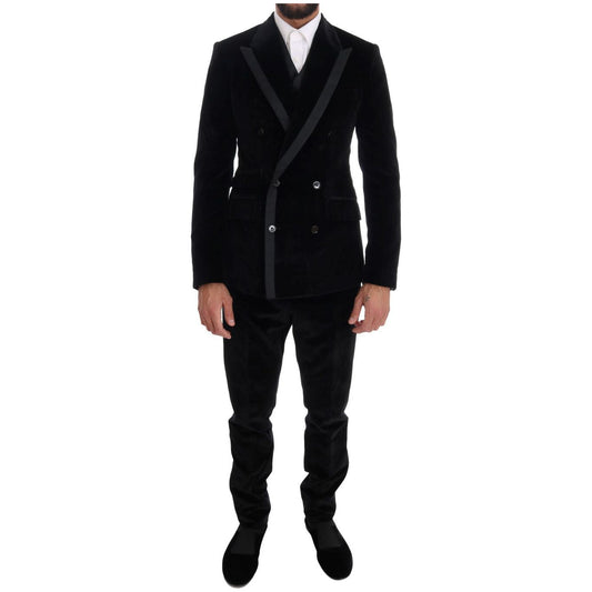 Dolce & Gabbana Elegant Black Slim Fit Three-Piece Suit Suit black-velvet-slim-double-breasted-suit