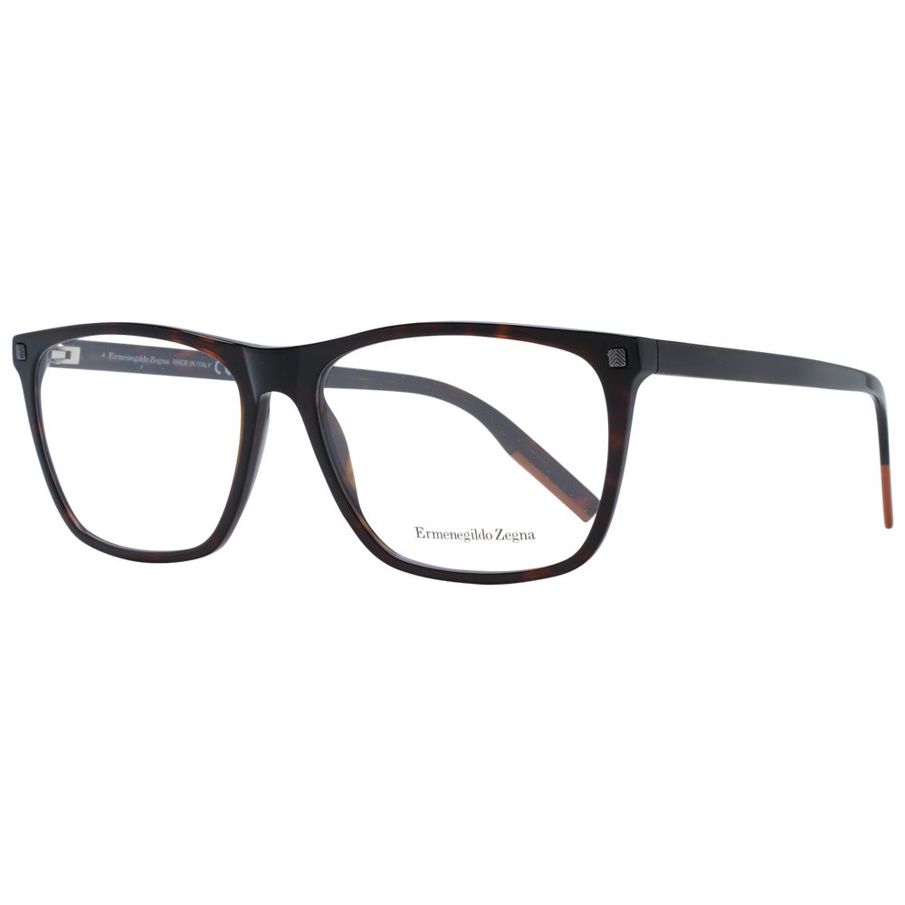 Ermenegildo Zegna Brown Men Glasses Frame, full-rim rectangle plastic design with demo lenses, includes branded case, size 58-16-145.