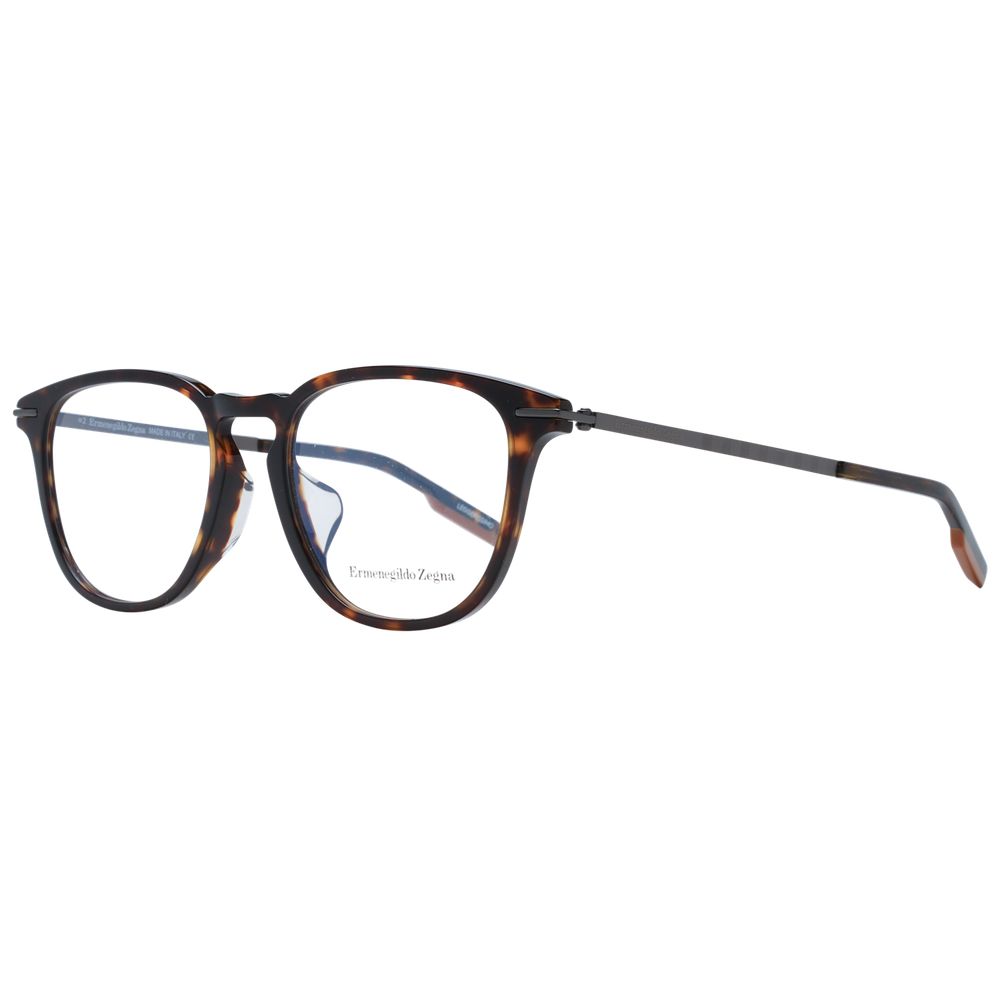 Ermenegildo Zegna Brown Men Glasses Frame, round full-rim style with brown plastic frame and demo lenses. Includes branded case.