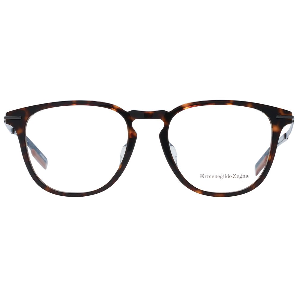 Ermenegildo Zegna Brown Men Glasses Frame, full-rim, round plastic design, lens width 52, bridge 18, temples 150, branded case included.