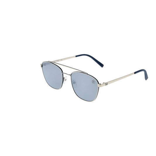 Silver Timberland men's aviator sunglasses with grey polarized mirrored lenses, full-rim metal frame, and UVA/UVB protection.