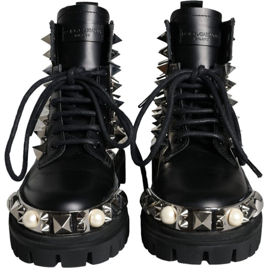 Dolce & Gabbana Black Leather Studs Embellished Combat Boots Shoes Dolce & Gabbana