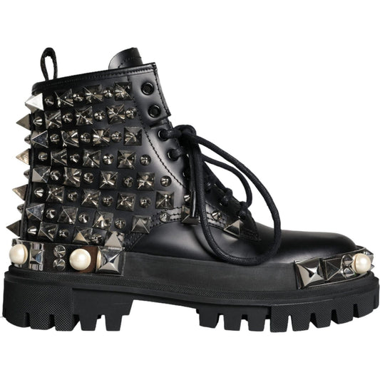 Dolce & Gabbana Black Leather Studs Embellished Combat Boots Shoes Dolce & Gabbana