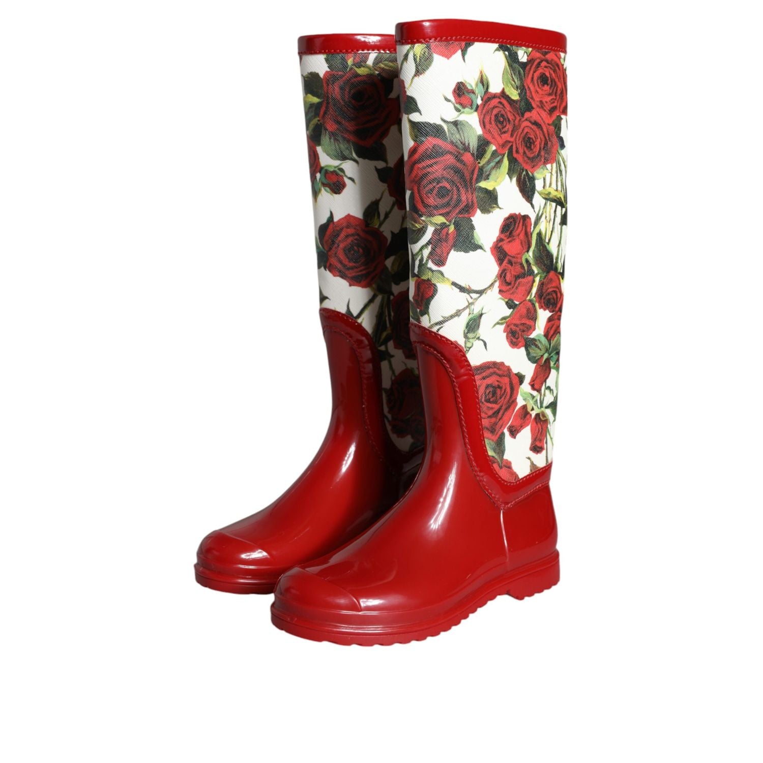 Dolce & Gabbana Red Floral Rubber Knee High Flat Boots Shoes