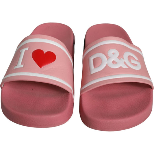 Dolce & Gabbana Pink Leather I Love D&G Sandals Slides Shoes Dolce & Gabbana