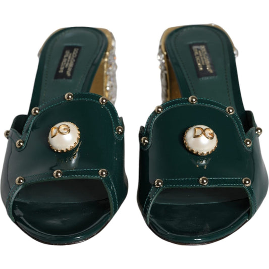 Dolce & Gabbana Green Crystal Leather Slides Sandals Shoes Dolce & Gabbana