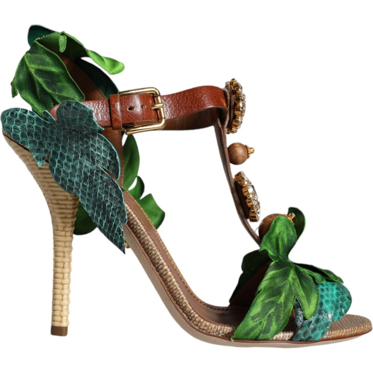 Dolce & Gabbana Emerald Embellished Leather Heels Sandals Shoes Dolce & Gabbana