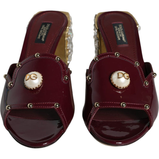 Dolce & Gabbana Maroon Crystal Leather Slides Sandals Shoes Dolce & Gabbana