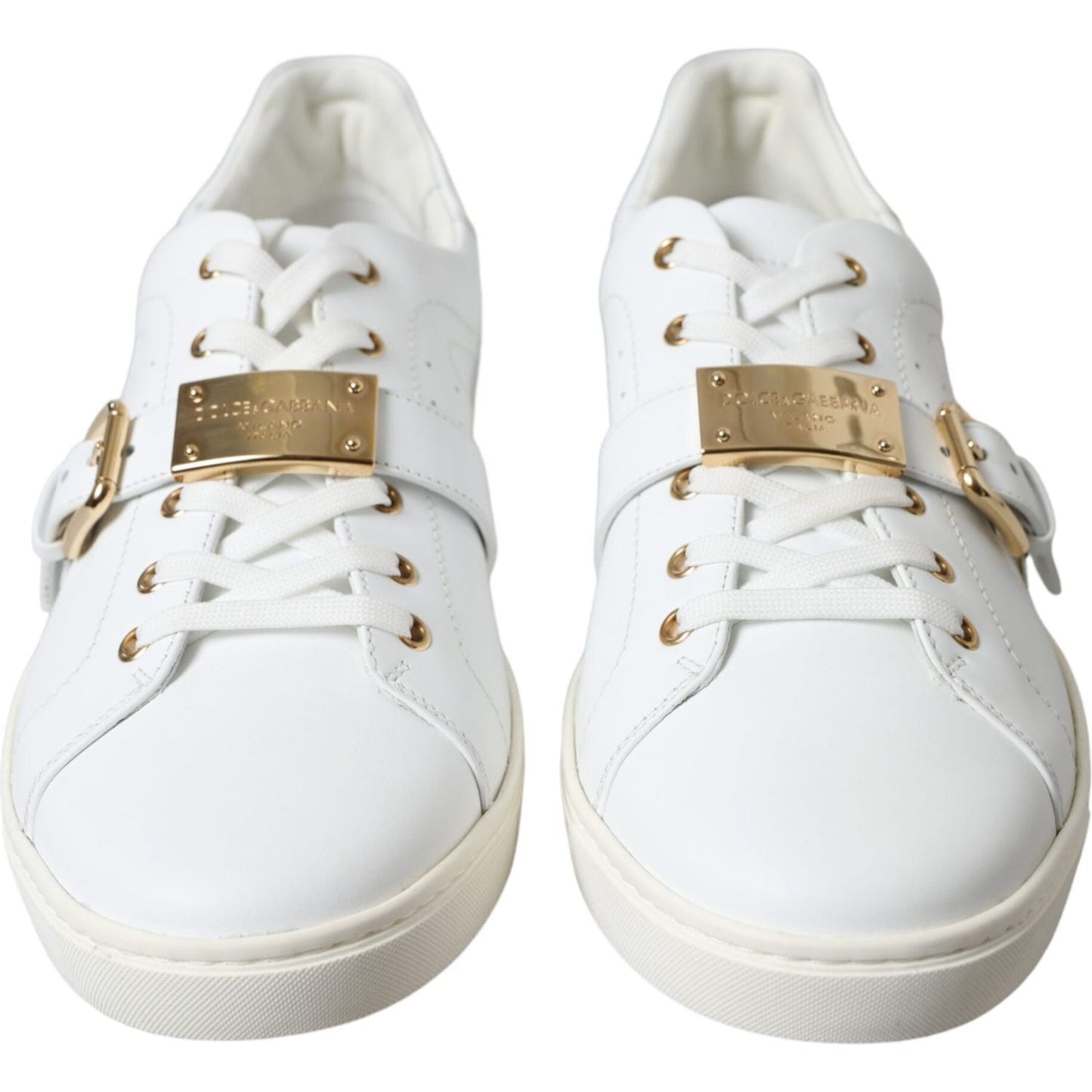 Dolce & Gabbana White Leather Gold Buckle Sneakers Shoes Dolce & Gabbana