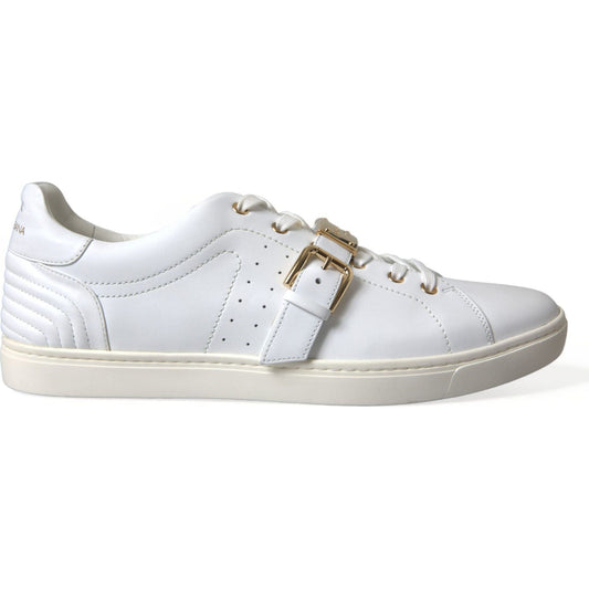 Dolce & Gabbana White Leather Gold Buckle Sneakers Shoes Dolce & Gabbana