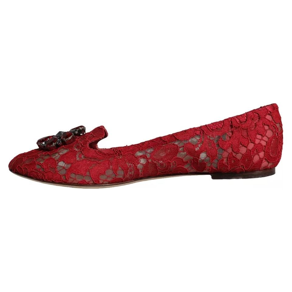 Dolce & Gabbana Red Lace Crystal Ballet Flats Loafers Shoes Dolce & Gabbana