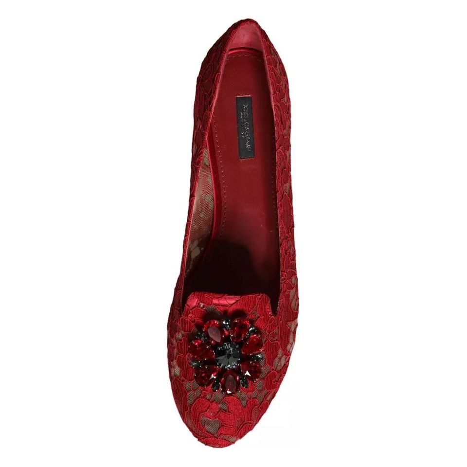 Dolce & Gabbana Red Lace Crystal Ballet Flats Loafers Shoes Dolce & Gabbana