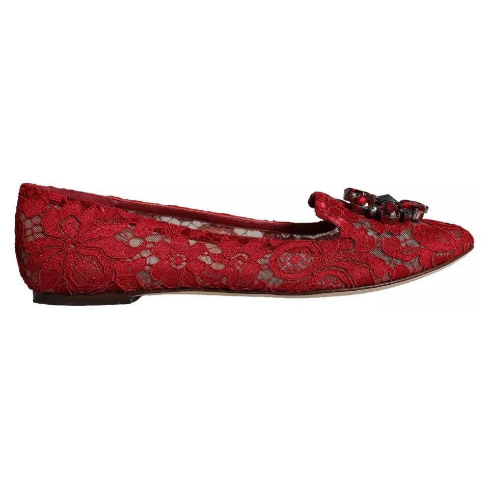 Dolce & Gabbana Red Lace Crystal Ballet Flats Loafers Shoes Dolce & Gabbana