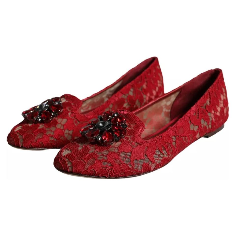 Dolce & Gabbana Red Lace Crystal Ballet Flats Loafers Shoes Dolce & Gabbana