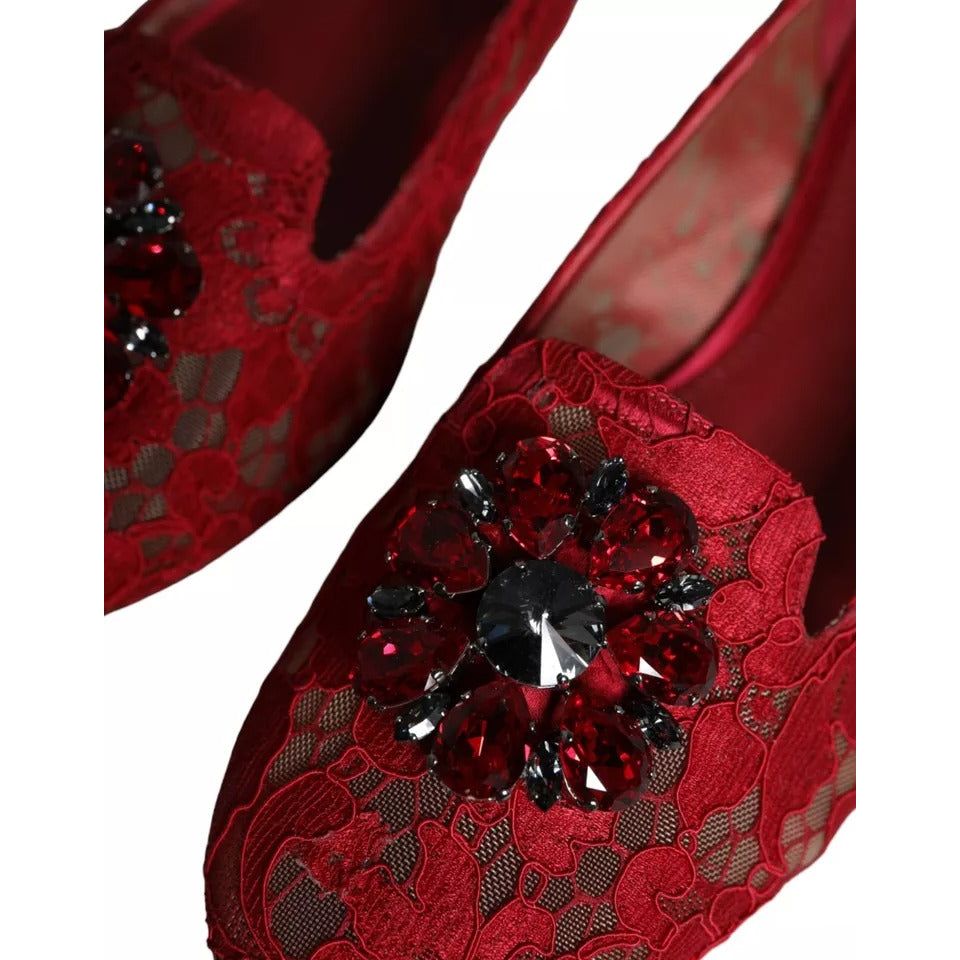 Dolce & Gabbana Red Lace Crystal Ballet Flats Loafers Shoes Dolce & Gabbana