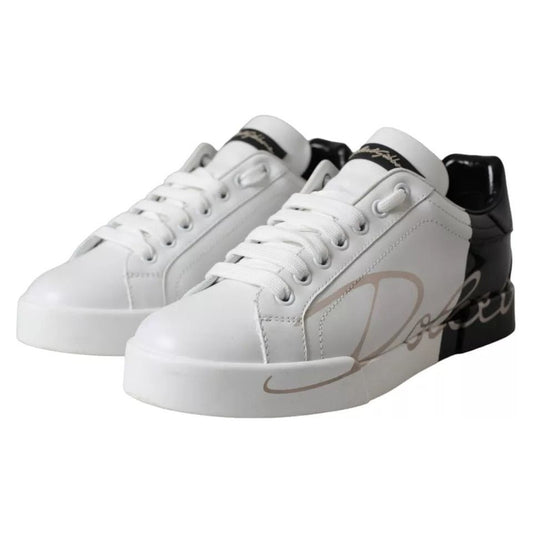 Dolce & Gabbana White Black Portofino Low Top Leather Sneakers Shoes Dolce & Gabbana