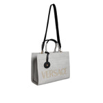Versace White Top Handle Canvas Leather Logo Crossbody Tote Bag