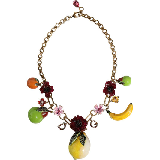 Dolce & Gabbana Gold Brass FRUIT Pendants Flowers Crystal Logo Necklace Dolce & Gabbana