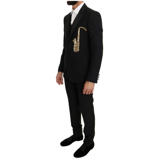 Dolce & Gabbana Elegant Black Three-Piece Suit with Saxophone Embroidery Suit black-wool-silk-saxophone-slim-fit-suit